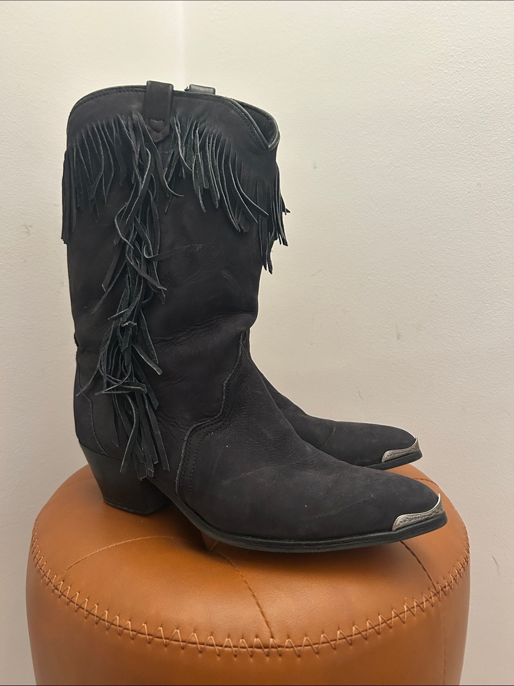 ACME Black Suede Fringe Western Boots with Metal Toe